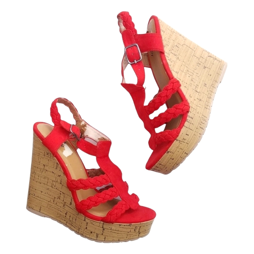 Black & Poppy strappy platform Cork wedge heels size 6